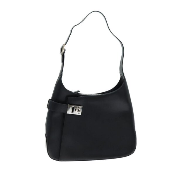 Authentic Salvatore Ferragamo Gancini Shoulder Bag patent Black